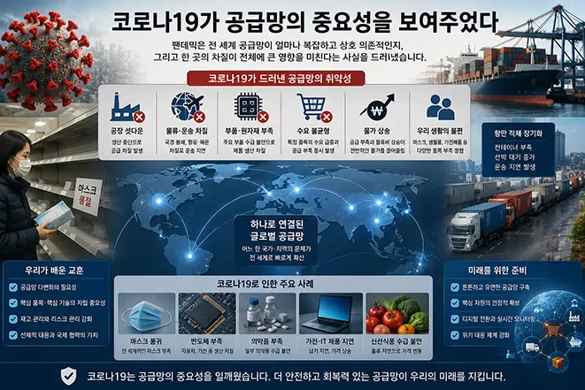 코로나19 팬데믹이 공급망 차질과 물류 지연, 원자재 부족, 가격 상승 등 글로벌 공급망의 중요성을 보여준 사례를 설명하는 인포그래픽