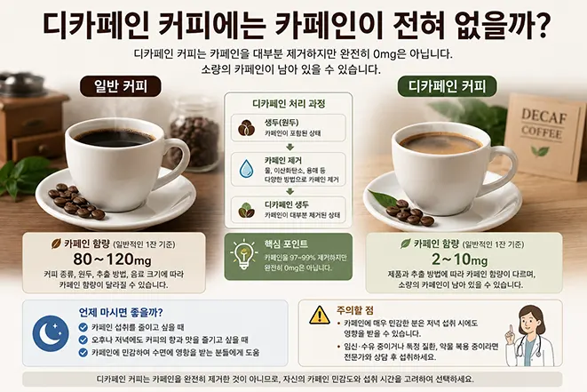 일반 커피와 디카페인 커피의 카페인 함량 및 디카페인 처리 과정을 비교하여 설명한 이미지
