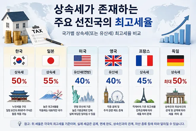 한국 50%, 일본 55%, 미국 40%, 영국 40%, 프랑스 45%, 독일 최대 50% 등 주요 선진국의 상속세 최고세율을 비교한 이미지