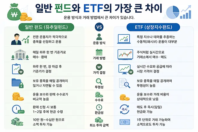 일반 펀드와 ETF의 운용 방식, 거래 방법, 수수료, 환금성 등을 비교한 인포그래픽 이미지