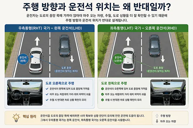 우측통행에서는 왼쪽 운전석, 좌측통행에서는 오른쪽 운전석을 사용하는 이유를 도로와 자동차 위치로 비교한 이미지