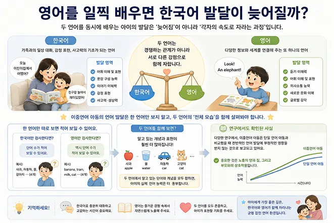 영어를 일찍 배우는 아이의 한국어와 영어 발달을 비교하며 이중언어 환경이 한국어 발달을 늦추는지 설명하는 이미지