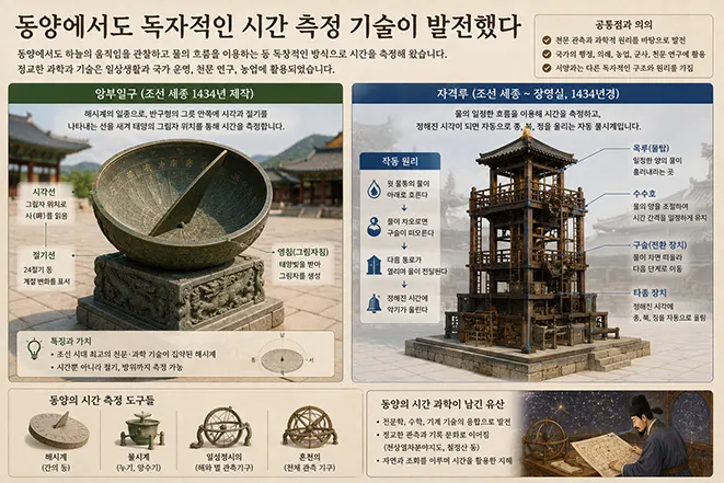 조선시대 앙부일구와 자격루를 중심으로 동양에서 발전한 독자적인 시간 측정 기술을 설명한 이미지