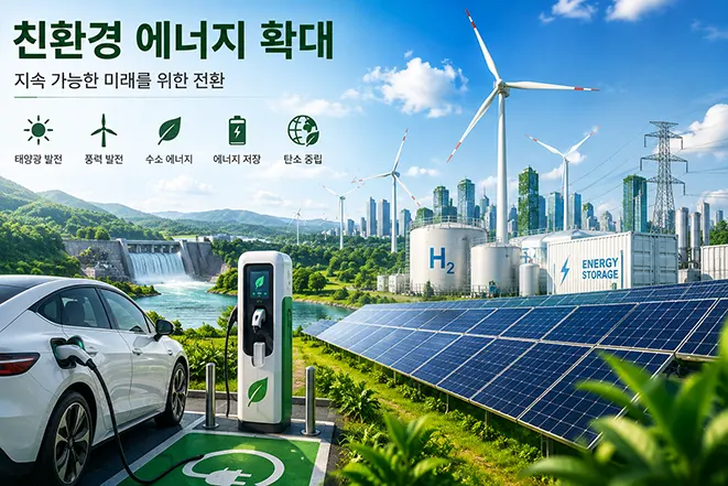 친환경 에너지 확대와 지속 가능한 미래를 표현한 이미지로 태양광 발전, 풍력 발전, 수소 에너지, 전기자동차, 에너지 저장 시스템을 보여주는 미래 에너지 인포그래픽
