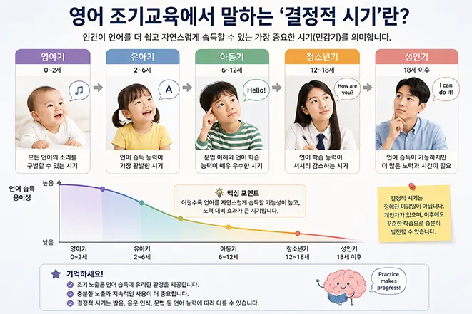 영아기부터 성인기까지 연령에 따른 영어 언어 습득의 변화와 결정적 시기 개념을 설명하는 이미지