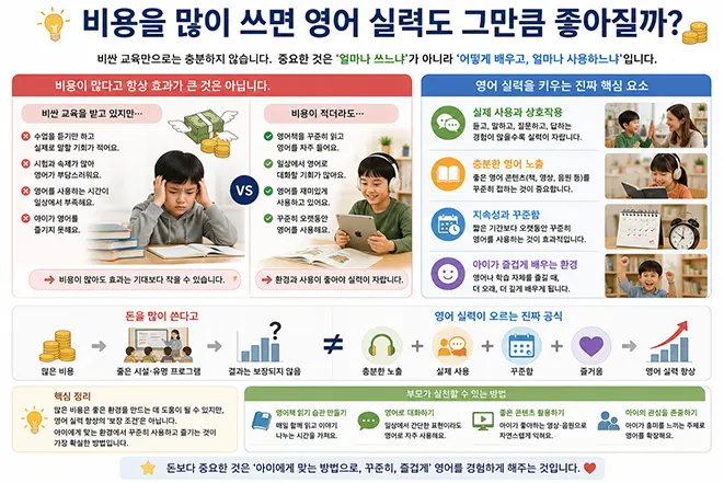 비싼 영어교육과 적은 비용의 영어학습을 비교하며 영어 실력에는 비용보다 충분한 노출, 실제 사용, 꾸준함과 즐거운 학습 환경이 중요하다는 것을 설명하는 이미지