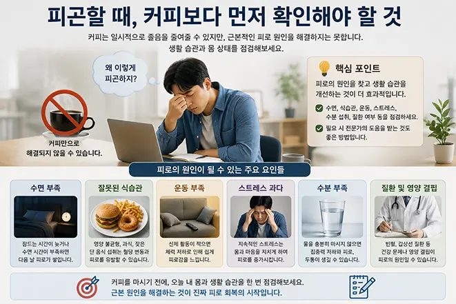 피곤할 때 커피를 마시기 전에 수면 부족, 식습관, 운동 부족, 스트레스, 수분 부족과 건강 상태를 확인하는 방법을 설명한 이미지