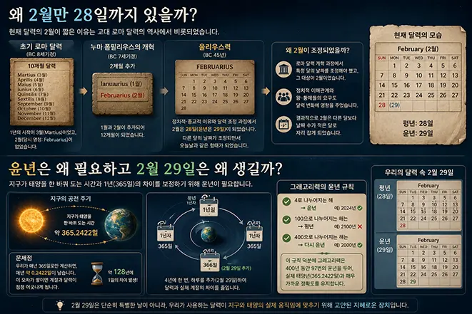 2월이 28일까지인 이유와 윤년의 2월 29일이 생기는 원리를 설명하는 이미지