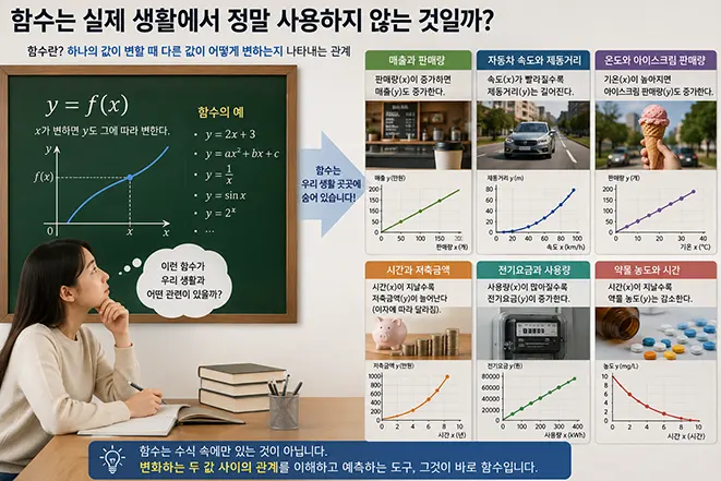 매출과 판매량, 자동차 속도와 제동거리, 온도와 판매량, 저축금액, 전기요금, 약물 농도 등 실생활의 변화 관계를 함수 그래프로 설명한 이미지