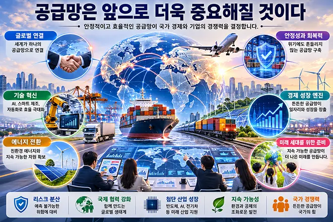 글로벌 공급망의 미래와 국제 협력, 기술 혁신, 에너지 전환, 지속 가능한 경제 성장의 중요성을 설명하는 인포그래픽