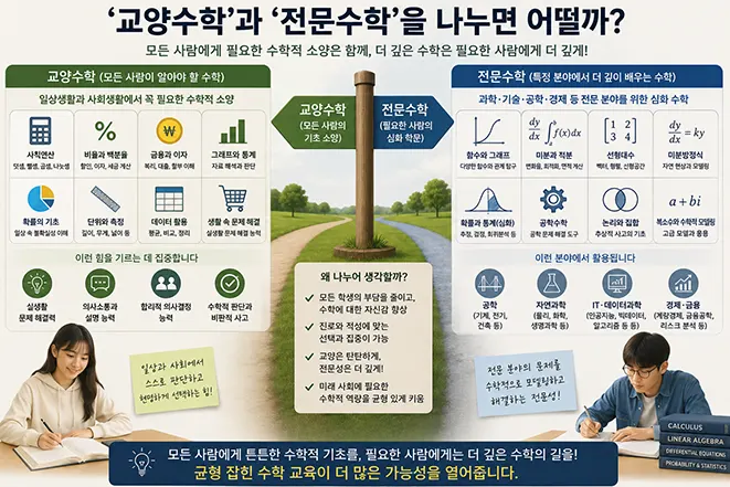 사칙연산, 비율, 금융, 그래프, 확률 등 모든 사람에게 필요한 교양수학과 미적분, 선형대수, 공학수학, 고급 통계 등 전문 분야에 필요한 전문수학을 비교한 이미지