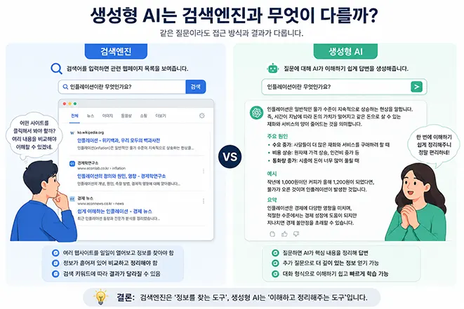 검색엔진과 생성형 AI의 정보 탐색 및 답변 방식 차이를 비교한 이미지