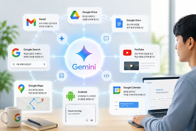 Google Gemini가 Gmail, Google Drive, Docs, Search, YouTube, Maps, Calendar, Android 등 구글 서비스와 연결된 모습
