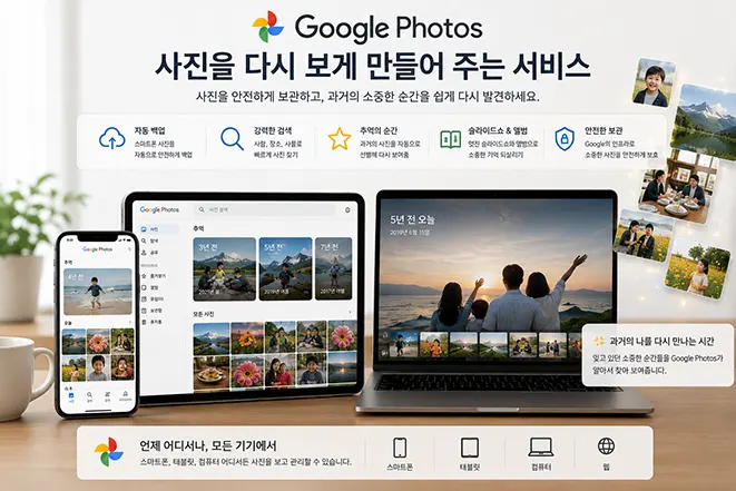 Google Photos에서 스마트폰과 태블릿, PC의 사진을 백업하고 검색하며 과거의 추억을 다시 감상하는 모습을 보여주는 이미지