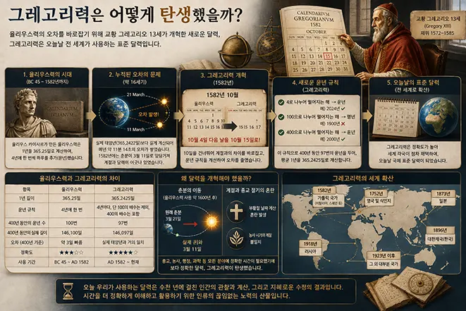 율리우스력의 오차를 수정해 1582년 그레고리력이 탄생한 과정과 윤년 규칙을 설명하는 이미지