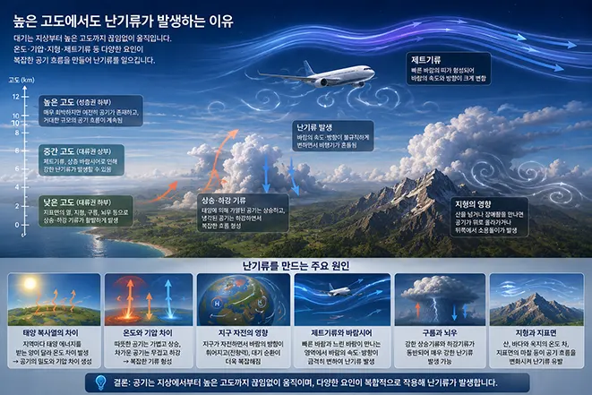 높은 고도에서도 난기류가 발생하는 이유와 제트기류, 바람시어, 상승·하강기류, 뇌우, 지형의 영향을 설명한 이미지