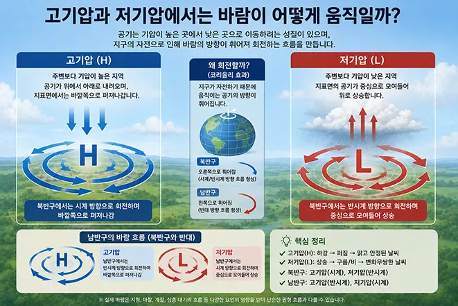 북반구와 남반구에서 고기압과 저기압 주변의 바람이 회전하고 이동하는 방향을 비교하여 설명한 이미지