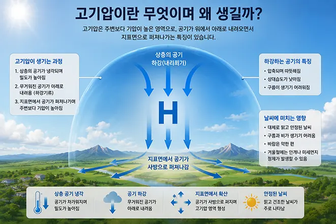 고기압에서 상층의 공기가 하강하고 지표면에서 사방으로 퍼지면서 맑고 안정된 날씨가 나타나는 원리를 설명한 이미지