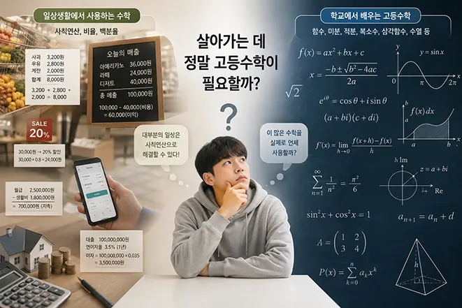 일상생활에서 사용하는 사칙연산과 비율 계산을 함수, 미분, 적분, 복소수, 삼각함수 등 학교에서 배우는 고등수학과 비교한 이미지