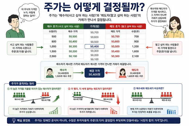 주식시장에서 매수 주문과 매도 주문이 만나 거래가 체결되고 주가가 결정되는 원리를 설명한 이미지