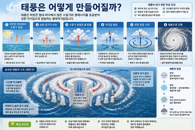 따뜻한 바다의 수증기가 상승해 저기압을 형성하고 회전하면서 강력한 태풍으로 발달하는 과정을 설명한 이미지