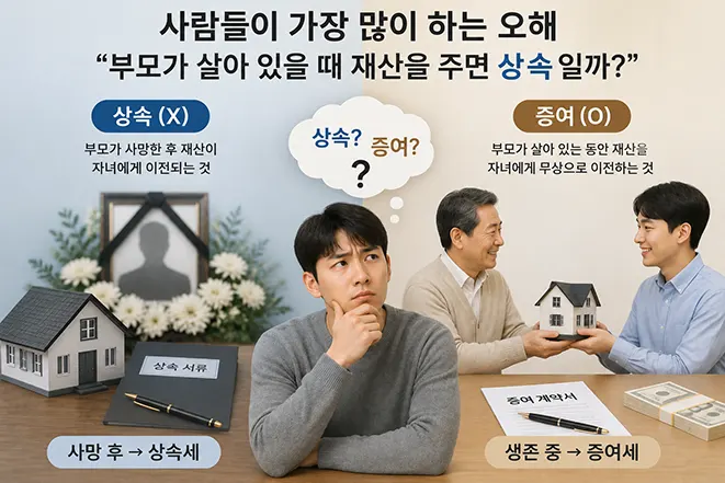 부모가 살아 있을 때 재산을 주는 것은 상속이 아니라 증여라는 차이점을 설명하는 인포그래픽 이미지