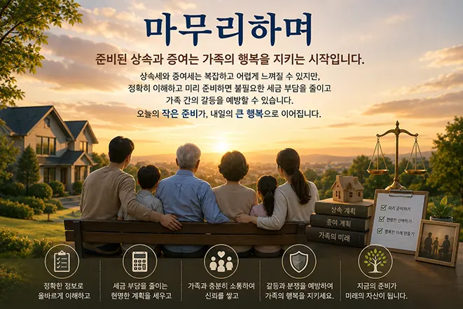 상속과 증여를 미리 준비하여 가족의 행복과 미래를 지키는 중요성을 표현한 인포그래픽 이미지
