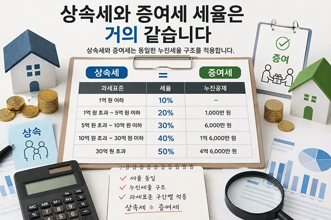 상속세와 증여세의 세율과 누진공제 구조를 비교하여 설명하는 인포그래픽 이미지