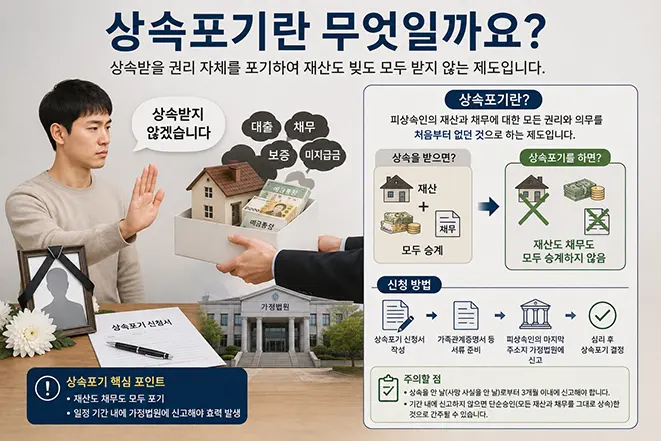상속포기의 의미와 절차, 재산과 채무를 모두 포기하는 제도를 설명하는 인포그래픽 이미지