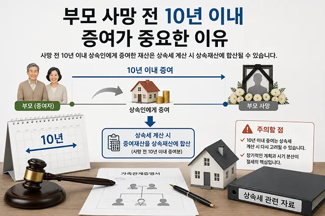 부모 사망 전 10년 이내 증여재산이 상속세 계산에 합산될 수 있는 규정을 설명하는 인포그래픽 이미지