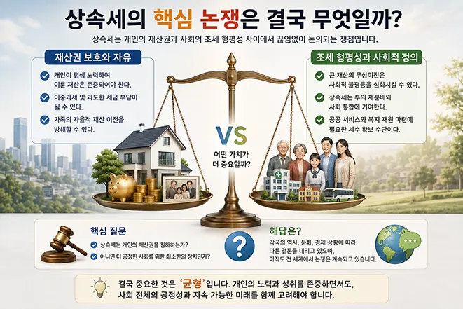 상속세를 둘러싼 재산권 보호와 조세 형평성 및 사회적 정의의 논쟁을 저울로 비교한 이미지