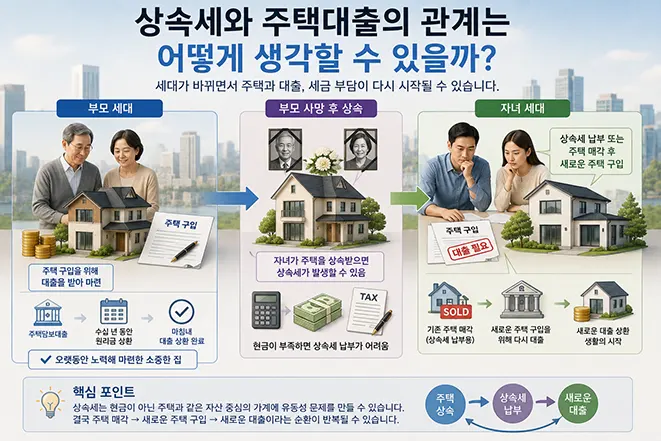 부모 세대의 주택대출 상환부터 주택 상속과 상속세 납부, 자녀 세대의 새로운 주택대출 가능성까지 설명한 이미지