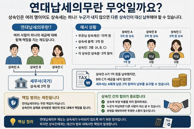 상속세 연대납세의무의 개념과 상속인 간 세금 부담 원리를 설명하는 인포그래픽 이미지