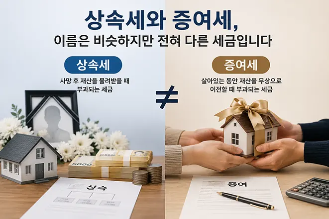 상속세와 증여세의 차이점을 비교하여 상속과 증여의 개념과 적용 시점을 설명하는 인포그래픽 이미지