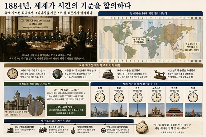 1884년 국제 자오선 회의에서 그리니치 본초자오선을 세계 경도의 기준으로 채택하고 국제적인 시간 기준이 발전한 과정을 설명한 이미지