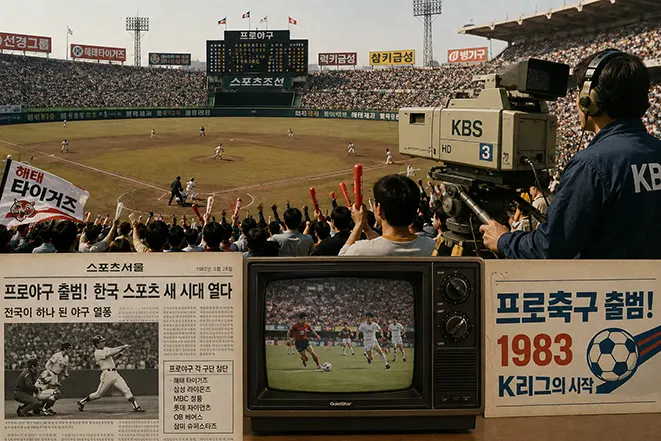 1980년대 한국 프로야구와 프로축구의 출범 및 스포츠 방송의 성장을 표현한 이미지