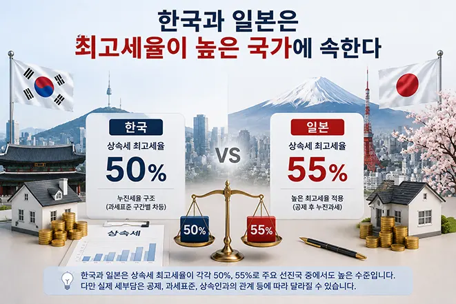한국 상속세 최고세율 50%와 일본 상속세 최고세율 55%를 비교한 이미지