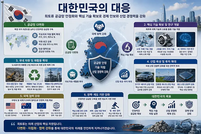 대한민국의 희토류 공급망 전략과 공급망 다변화, 핵심 기술 개발, 재활용 확대, 국제 협력을 설명하는 인포그래픽