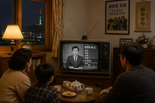 과거 한국 가정에서 가족들이 흑백 텔레비전으로 스포츠 뉴스가 포함된 저녁 뉴스를 시청하는 모습