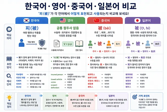 한국어, 영어, 중국어, 일본어에서 '피(被)'의 표현 방식과 의미를 비교한 언어 비교 인포그래픽