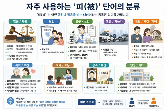 '피(被)'가 포함된 한국어 단어를 법률, 보험, 연구, 교통, 생활, 복지, 교육, 상속, 행정 분야로 분류한 인포그래픽