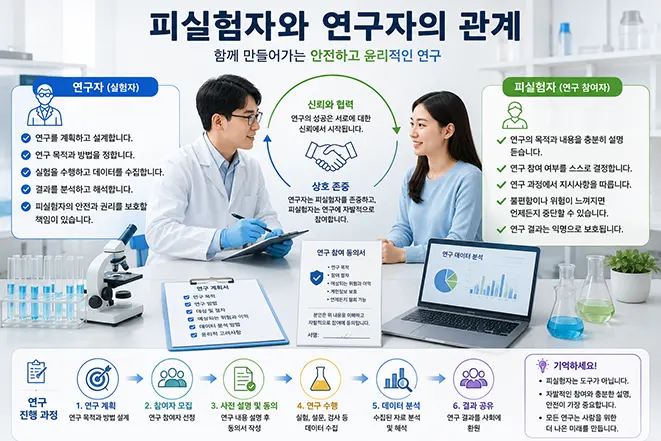 연구자와 피실험자의 역할, 권리, 연구 진행 과정을 설명하는 연구 윤리 인포그래픽