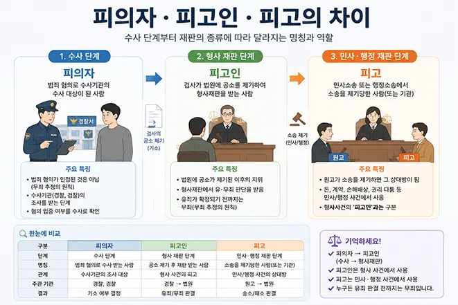 피의자, 피고인, 피고의 차이와 수사·형사재판·민사재판 절차를 비교한 법률 인포그래픽