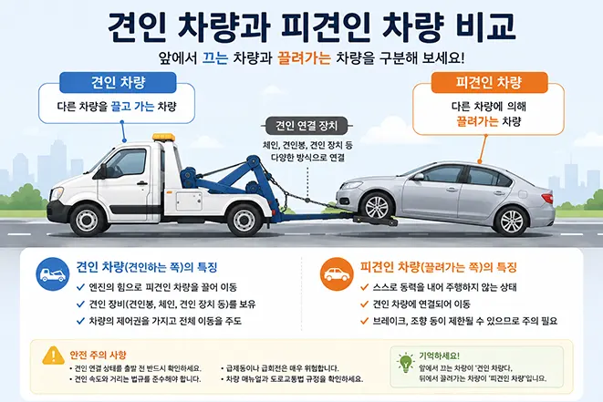 견인 차량과 피견인 차량의 차이점과 역할을 비교하여 설명하는 자동차 견인 인포그래픽