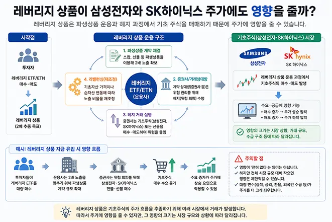 레버리지 ETF와 ETN의 파생상품 운용, 헤지 및 리밸런싱이 삼성전자와 SK하이닉스 주식의 매수·매도로 연결되어 주가에 영향을 줄 수 있는 구조를 설명한 이미지