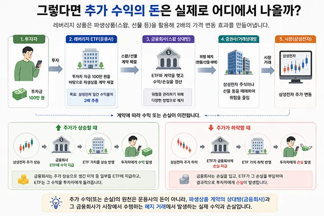 투자자와 레버리지 ETF 운용사, 금융회사, 증권사, 삼성전자 시장의 연결을 통해 2배 레버리지 추가 수익과 손실이 발생하는 구조를 설명한 이미지