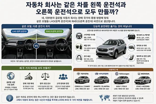 같은 자동차 모델의 왼쪽 운전석 LHD와 오른쪽 운전석 RHD 구조 및 자동차 제조사가 변경해야 하는 주요 부품을 비교한 이미지