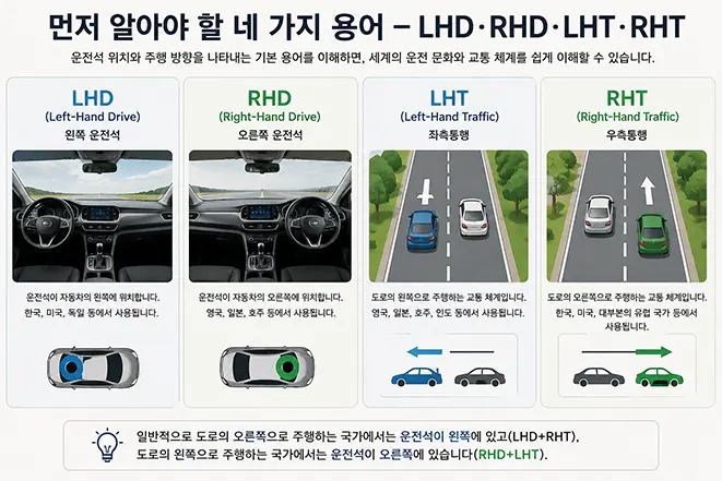 LHD 왼쪽 운전석, RHD 오른쪽 운전석, LHT 좌측통행, RHT 우측통행의 차이를 자동차와 도로 그림으로 비교한 이미지
