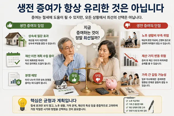 생전 증여의 장점과 단점을 비교하여 증여가 항상 유리한 선택은 아니라는 점을 설명하는 인포그래픽 이미지
