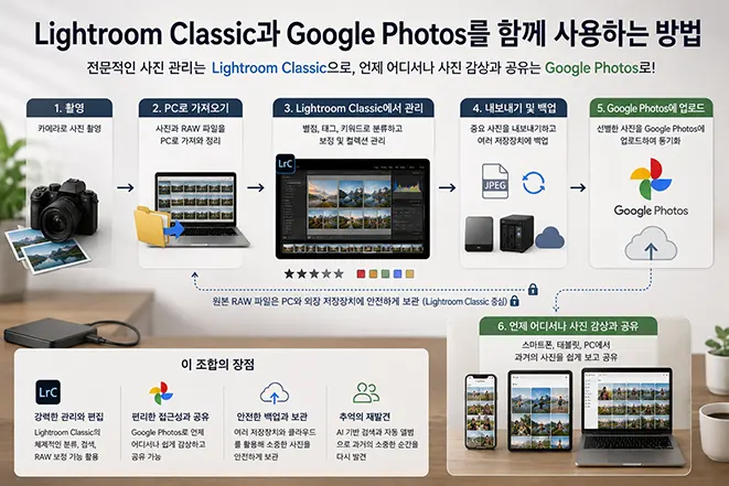 Lightroom Classic으로 원본 사진을 정리하고 편집한 뒤 Google Photos에 선별한 사진을 업로드하여 여러 기기에서 감상하는 사진 관리 방법